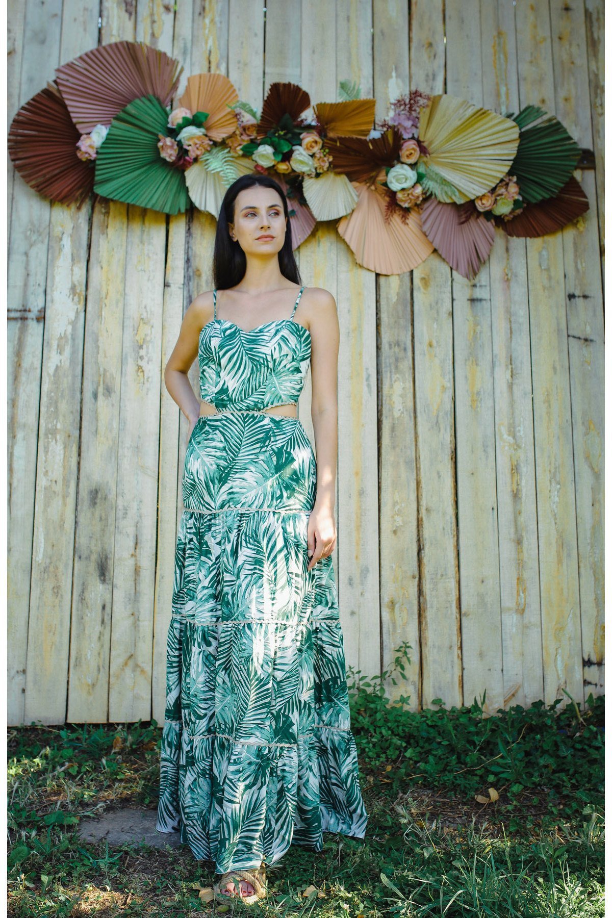 Yeşil Yaprak Desenli Maxi Boy Elbise