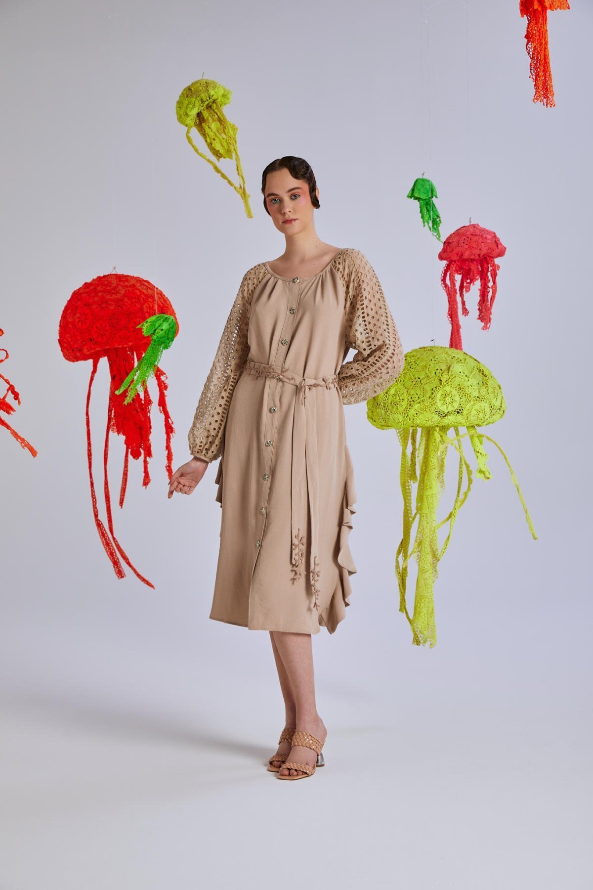 Porites Balon Kol, Önden Düğmeli, Keten Dokuma Kumaş Midi Gömlek Elbise