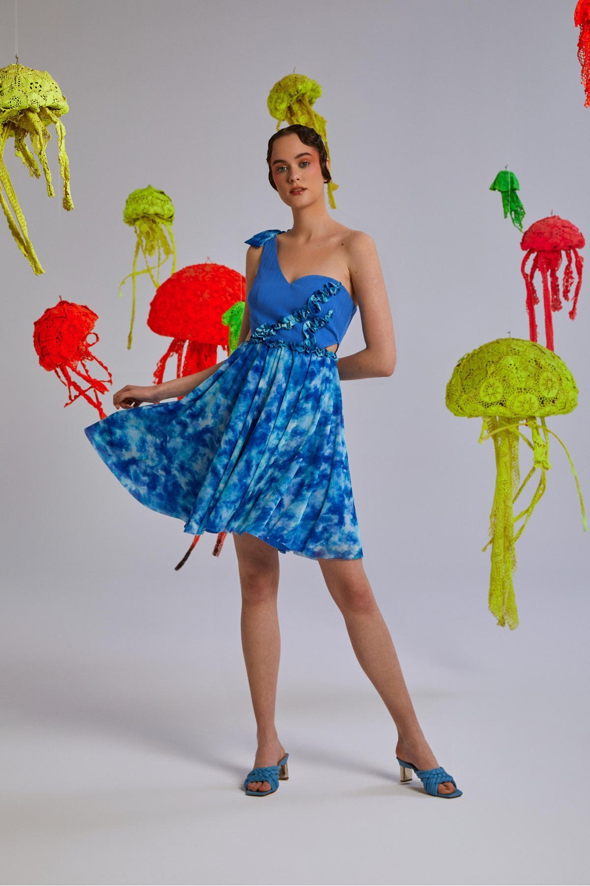 Maxima, Saks Mavisi, Büzgülü, Asimetrik, Pencere Detaylı, Tek Askılı, Astarlı, Yazlık Elbise