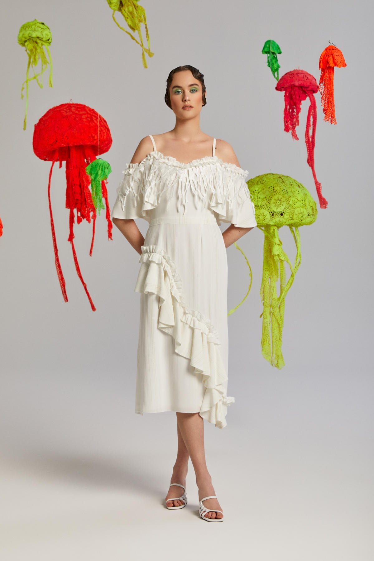 Pellucid, Fırfırlı, Spagetti Askılı, Volanlı, Öpücük Yaka, Yazlık Elbise