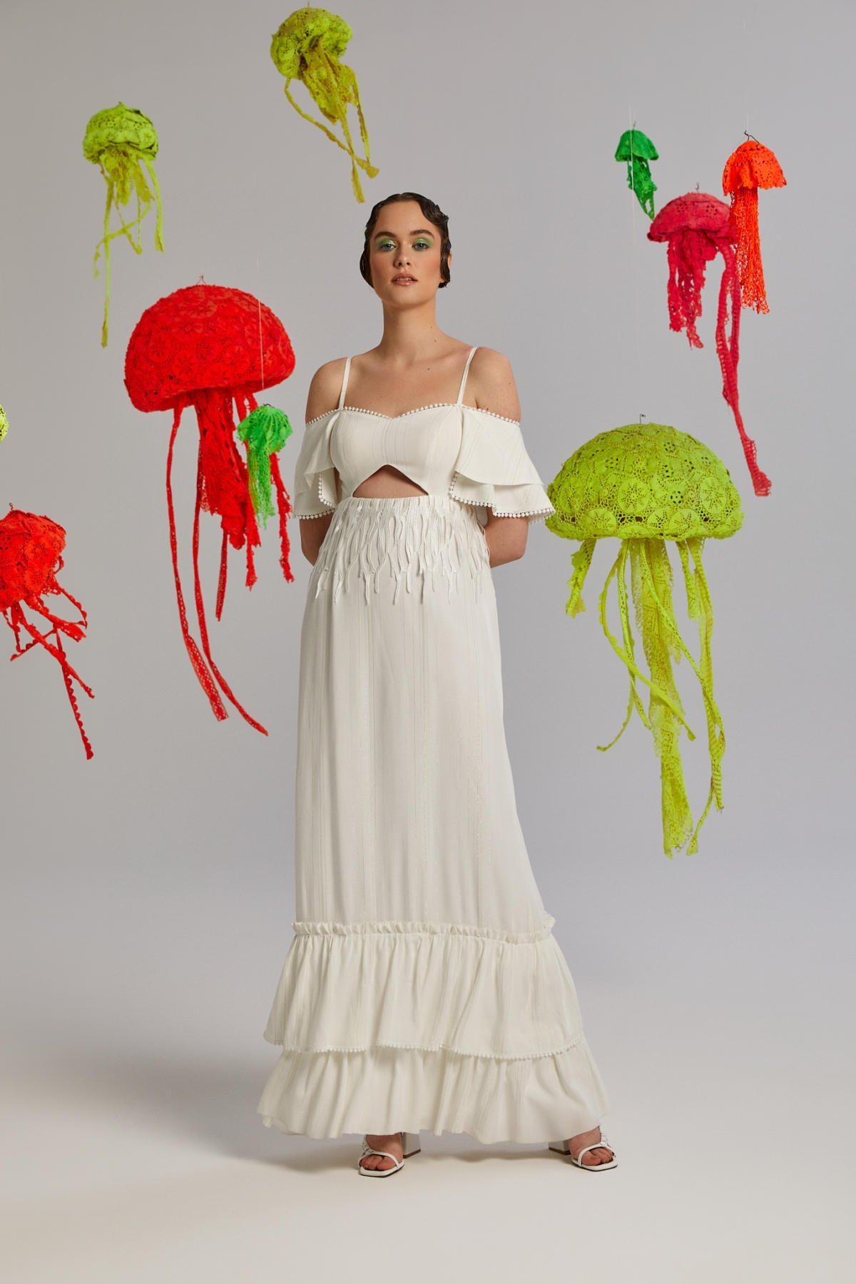 Finger Coral, Bel Dekolteli, Spagetti Askılı, Mercan Detaylı, Maksiboy, Yazlık Elbise