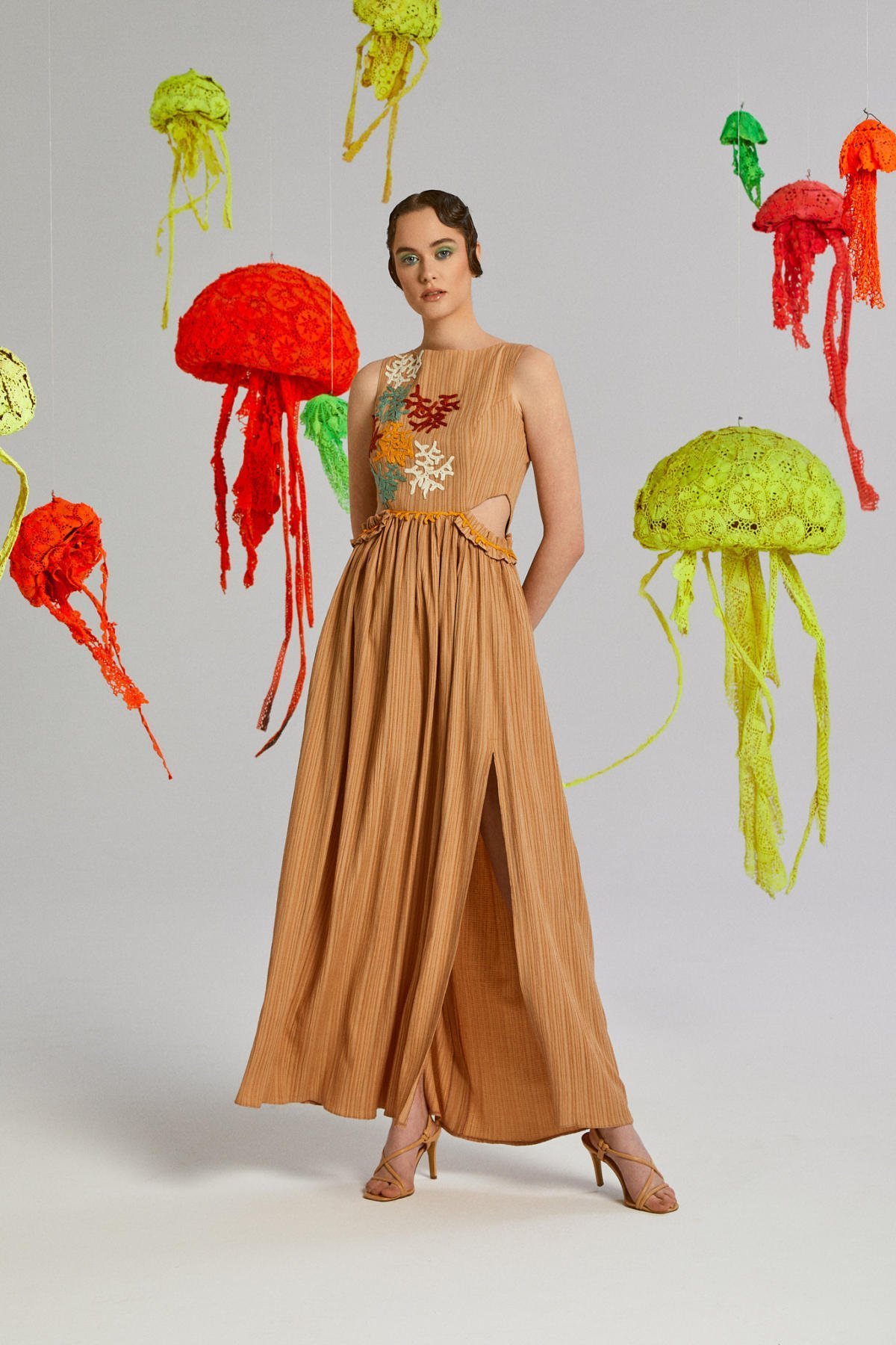 Wire, Bürümcük, Mercan Desenli, Kayık Yaka, Büzgülü, Fırfırlı, Yazlık Elbise