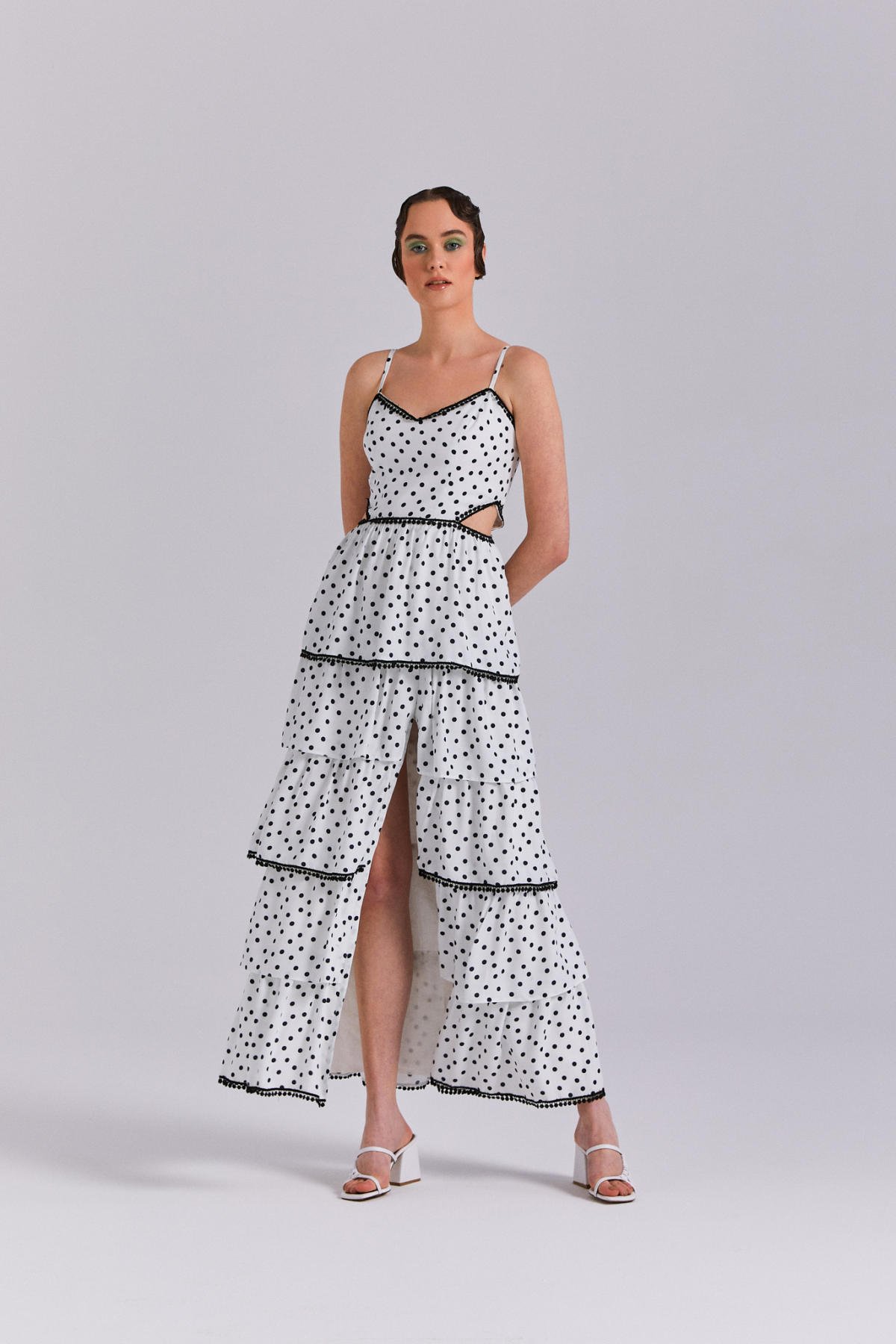 Armastus, Yazlık, Puantiyeli, Farbalı, Kalp Yaka, Maksiboy Elbise