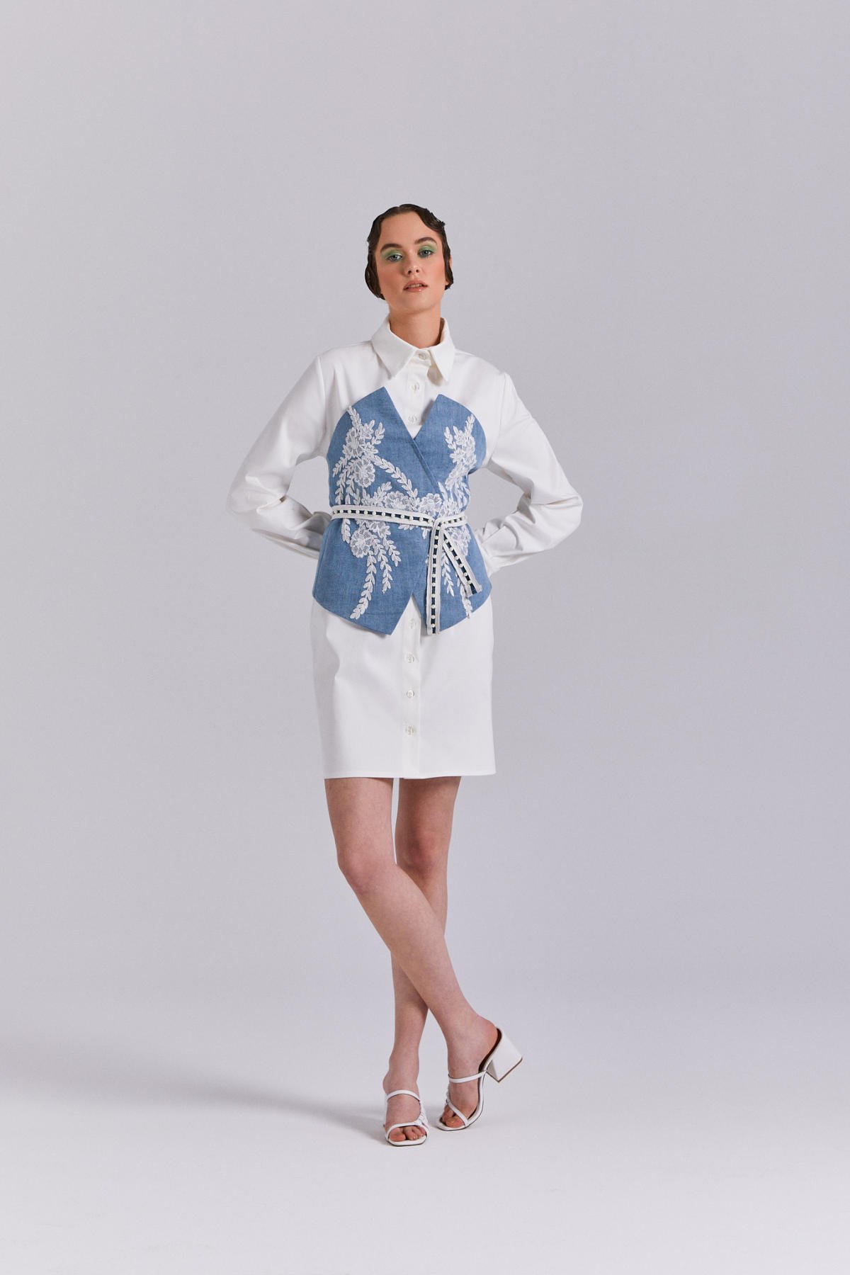 Gömlek  Elbise, Kot Detaylı, Aplikeli Elbise, Beyaz Gömlek, Denim Gömlek Elbise, Kot Büstiyer