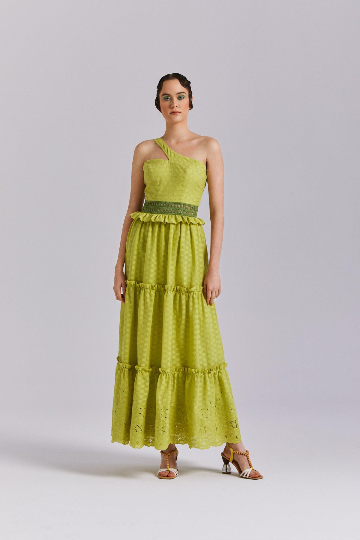 Verde Maksi Boy Elbise, Fıstık Yeşili, Maksi Elbise, Fırfırlı, Tek Omuz Elbise, Kemer Detaylı Elbise