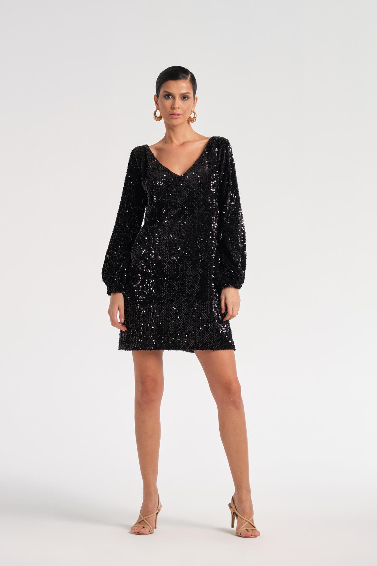 V Yakalı Balon Kol Kadife Payetli Elbise