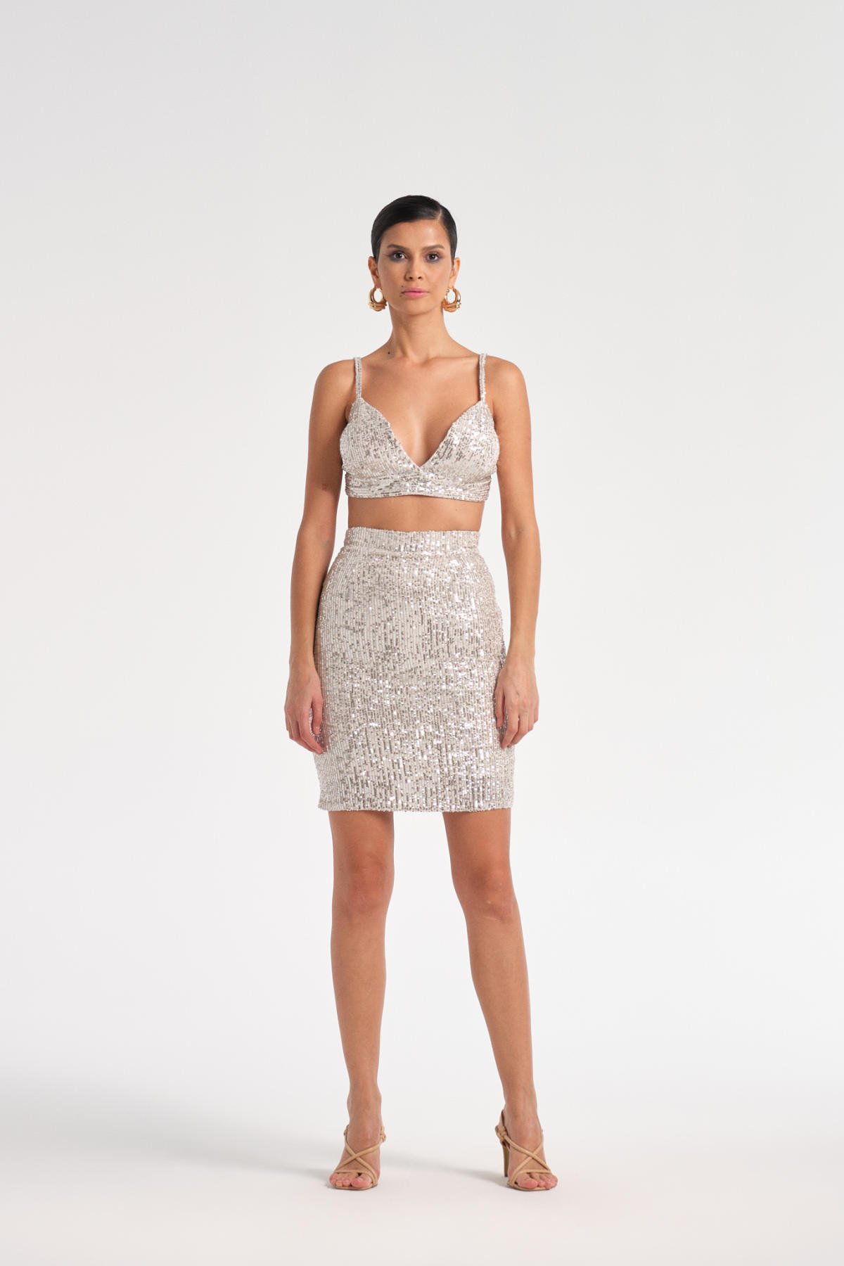 Gri Payetli Mini Etek