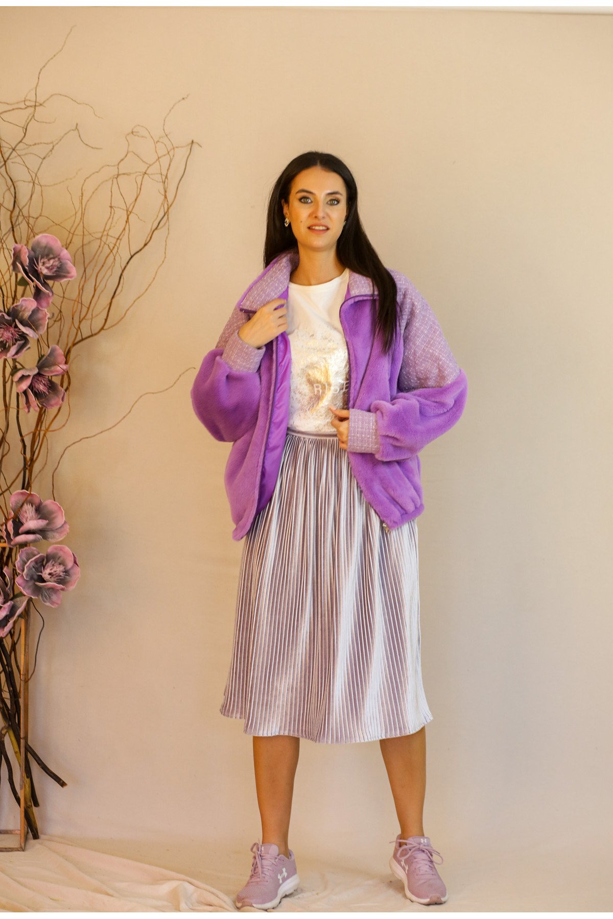 Mor Peluş Bomber Ceket